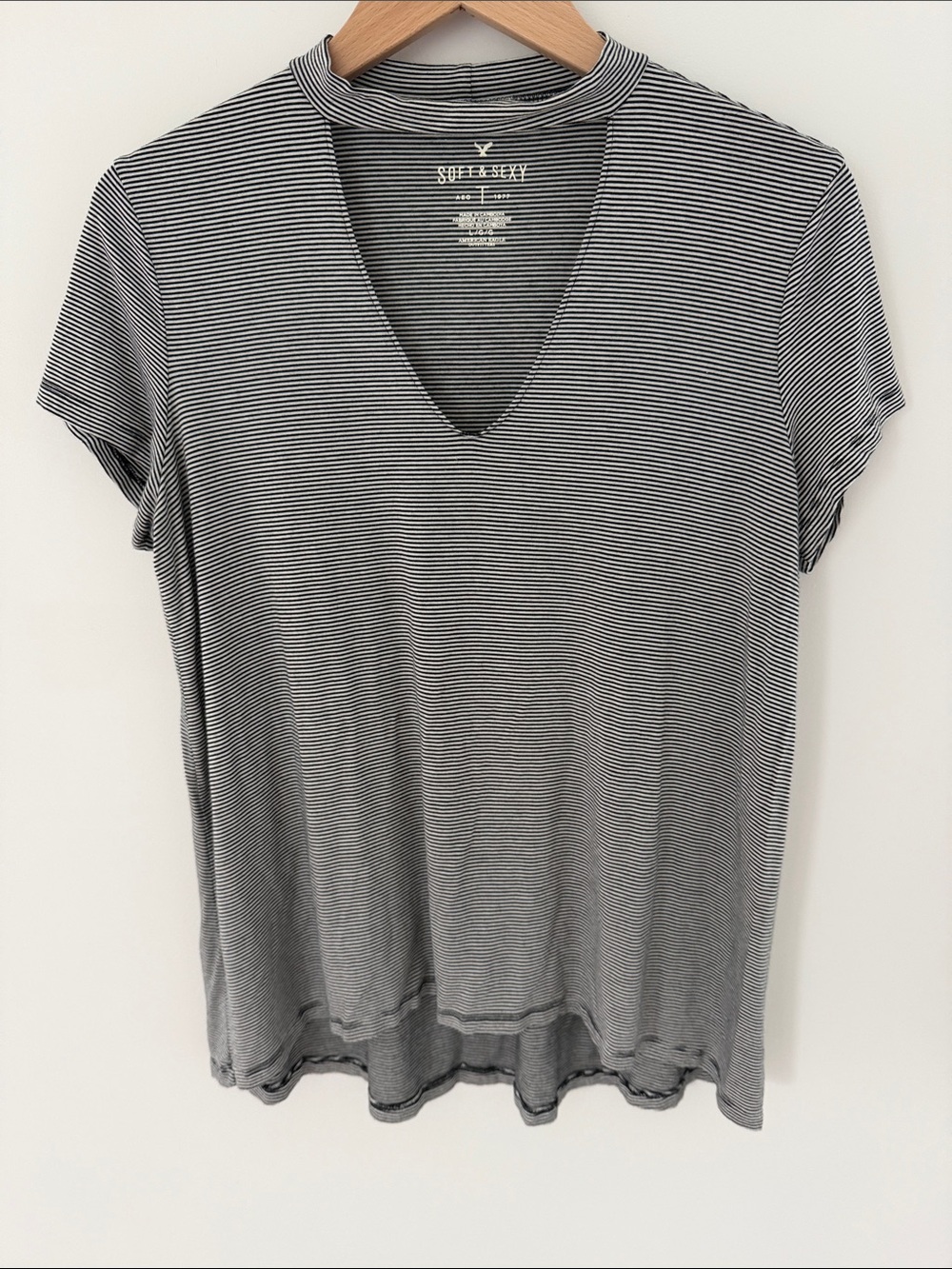 American Eagle Outfitters Soft & Sexy Striped V-Neck Short Sleeve Tee Size Large